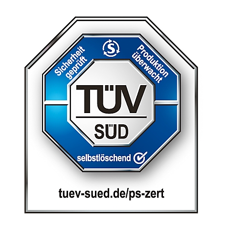 TÜV SÜD certification logo: Blue and white octagonal logo with texts such as "Safety tested", "Production monitored" and "self-extinguishing".