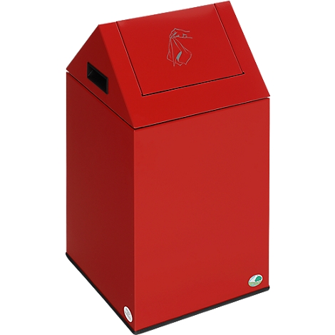 Red house-shaped trash can, lid with symbol. Rectangular body, handle hole.