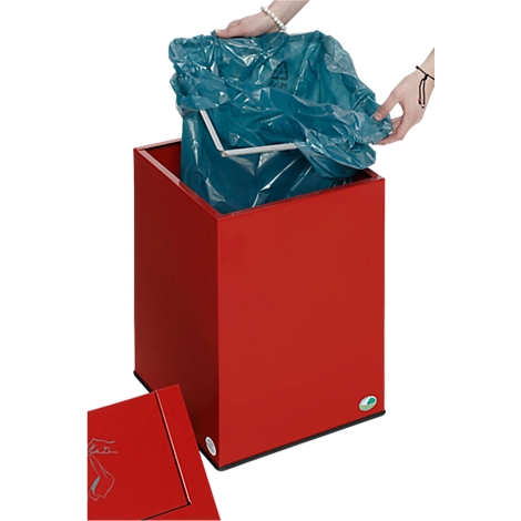 Red trash can with open lid. Hands holding a blue trash bag.