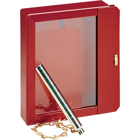 Red, rectangular fire extinguisher box with glass front, open with silver pin and chain.