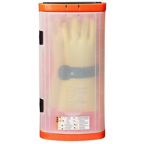 Gelbe Gummihandschuhe in einer orangefarbenen Schutzbox. Aufdrucke und Informationen auf der Box.