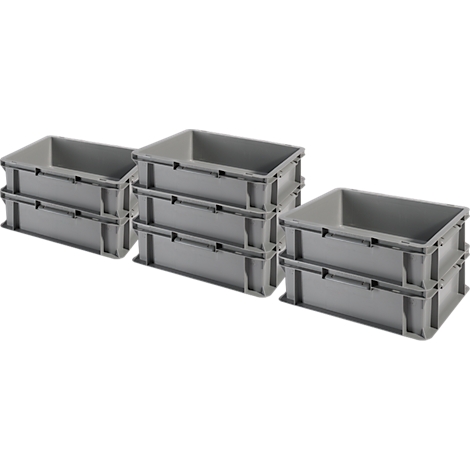Stacked gray plastic containers. Three stacks, each consisting of three containers.