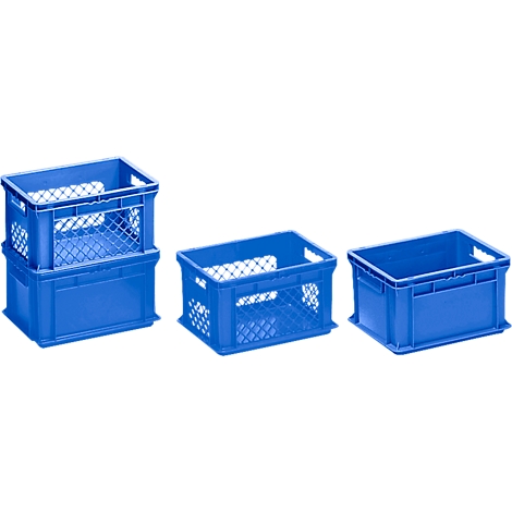 Three blue plastic crates; one stacked, two side by side.