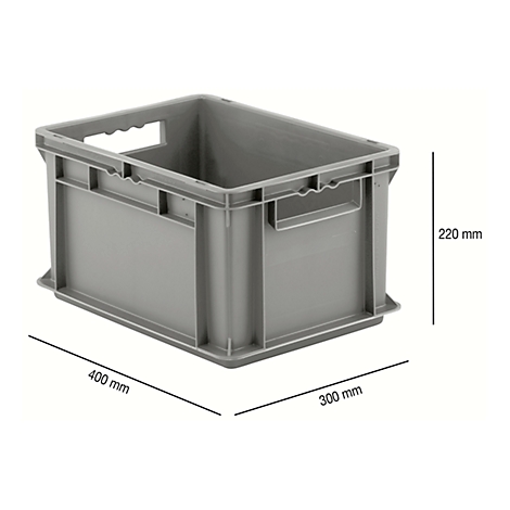 Gray storage box, side view. Dimensions: 400x300x220 mm. With handles and dimensions.