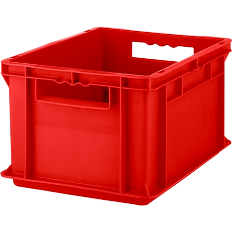 Red plastic crate with handle openings. It stands against a light background.