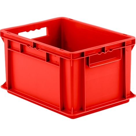 Red plastic box with handles. Rectangular shape, open top.
