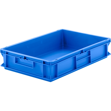An empty blue plastic box with handles. The box stands on a white background.