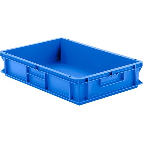 Blue plastic box with handles and rectangular shape.