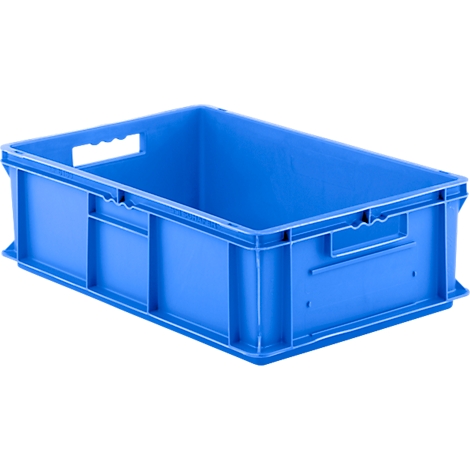 Blue plastic box with handles. Rectangular shape with raised sides and handles.
