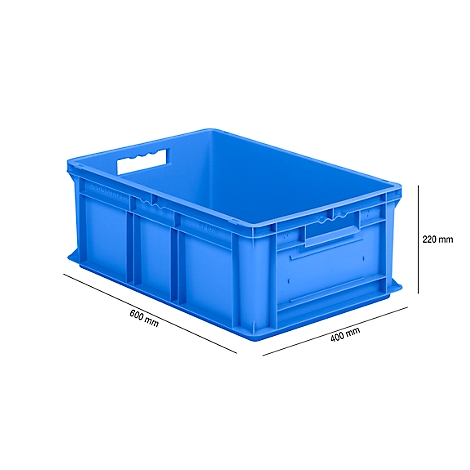 Light blue plastic crate with handles and dimensions (600 x 400 x 220 mm) against a white background.