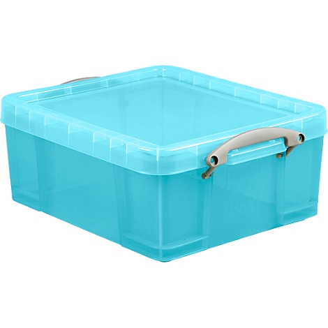 Turquoise transparent storage box with lid and grey handle.