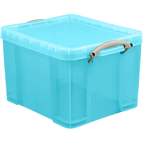 Turquoise blue plastic box with lid and handles.