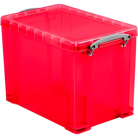 Red storage box with transparent lid. Gray handles for carrying and locking.