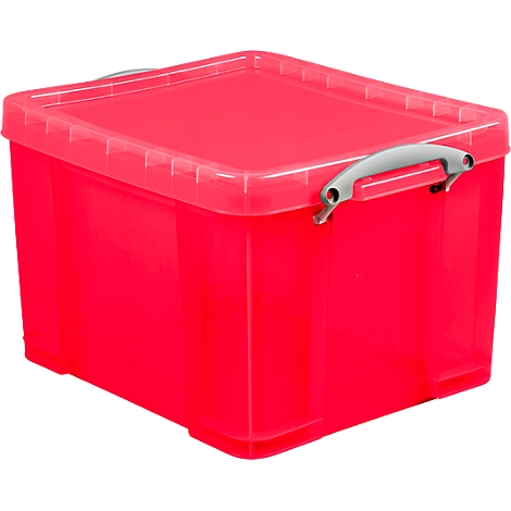 Red, rectangular plastic storage box with a lid and grey handle.