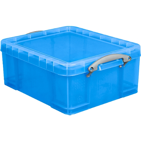 Blue storage box with a gray handle and a transparent lid.