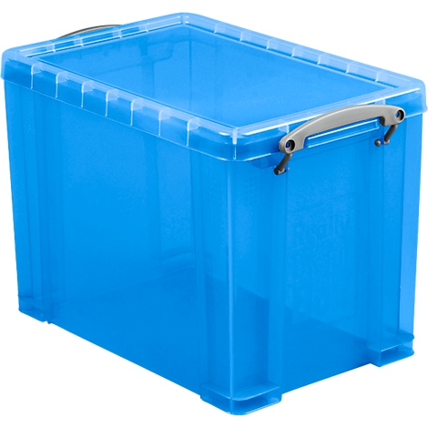 Blue plastic box with transparent lid and grey handle.