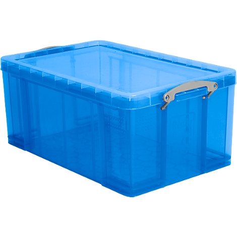 Blue plastic box with transparent lid and metal clasp.