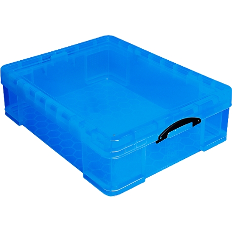 Blue plastic box with handles. The box is transparent, so you can see the contents.