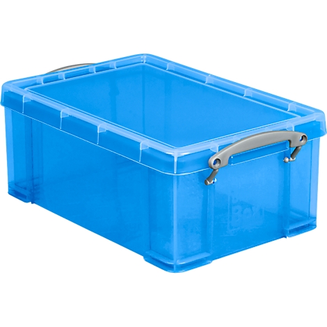 Blue storage box with gray handle. Transparent lid.