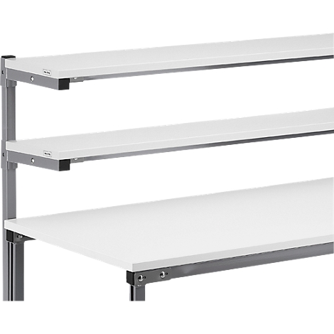 Close-up of a white shelf with three levels and metallic gray brackets. The top level has a small black border.