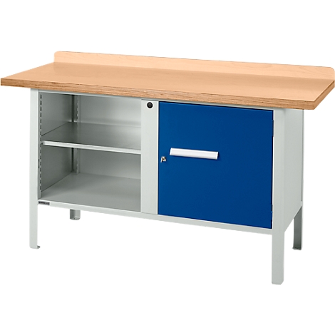 Werkbank met houten bovenblad, blauwe deur, open kastruimte. Staat op metalen poten.