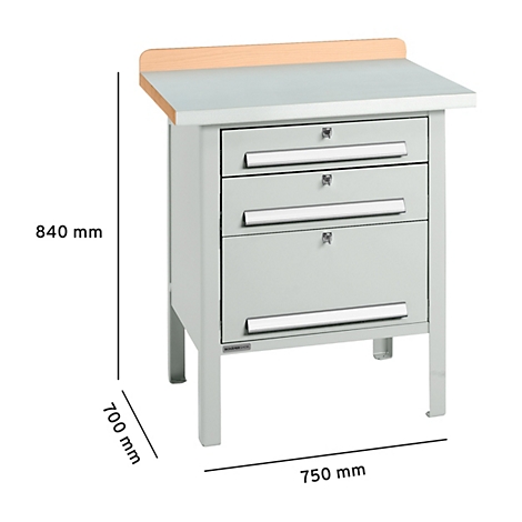 Werkbank met laden en houten werkblad. Afmetingen: 840 mm hoog, 700 mm diep, 750 mm breed.