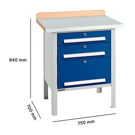 Blauw-grijze werkbanktafel met drie lades, houten blad en afmetingen.