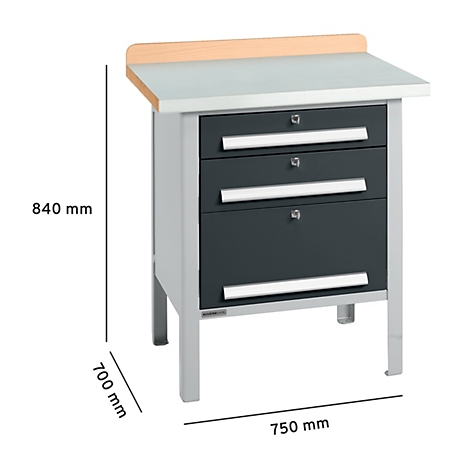 Werkbank met laden en houten werkblad, afmetingen: 840 x 700 x 750 mm.