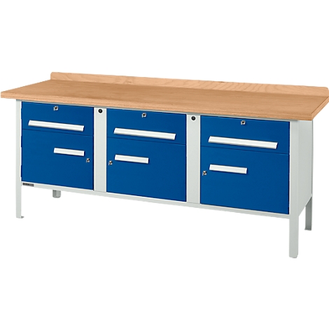 Workbench with blue drawers, wooden top and silver legs.