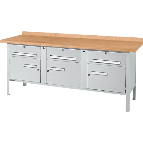 Workbench with wooden top, gray drawers and legs.