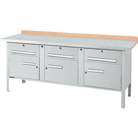Metal workbench with drawers, wooden table top.