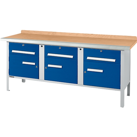 Workbench with blue drawers and a wooden top. The drawers have silver handles and are secured by locks. The bench stands on silver legs.