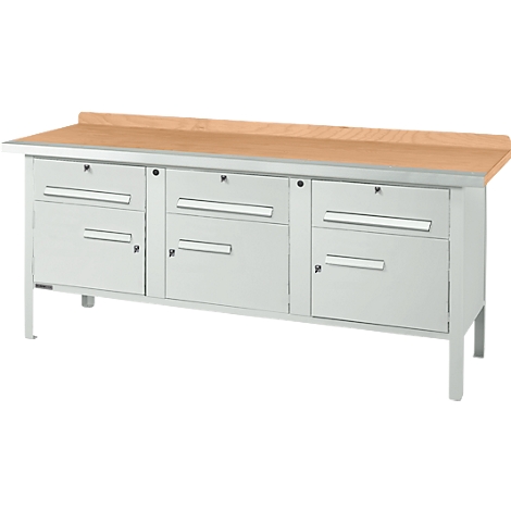 Workbench with light brown wooden top and light gray drawers. Standing on metal legs.