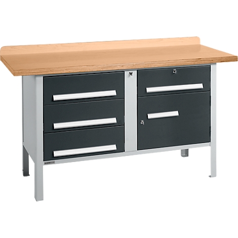 Workbench with wooden top, gray drawers and cabinet doors with silver handles.