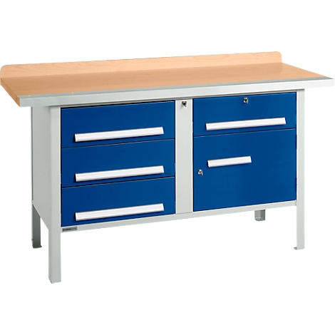 Workbench with blue drawers and a wooden top.