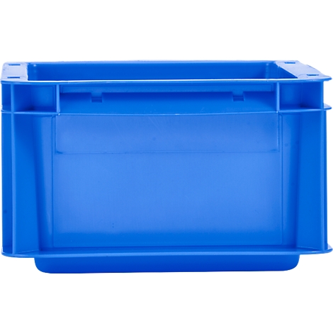 Blue plastic box, front view. Rectangular container with vertical reinforcements and horizontal edges.
