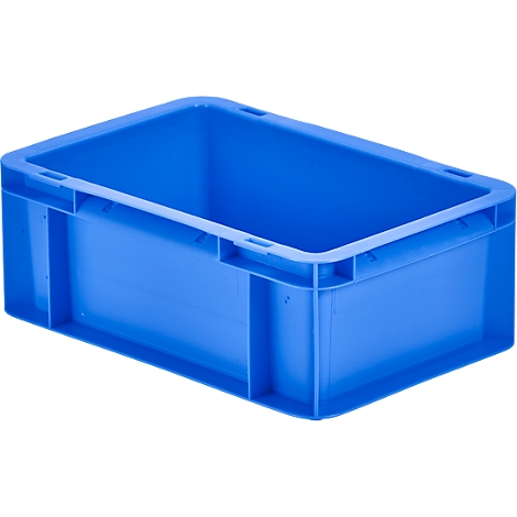 Blue plastic crate with handle openings, photographed from above.