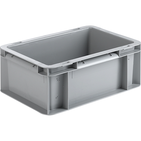 Grey plastic box, rectangular with recessed handles.