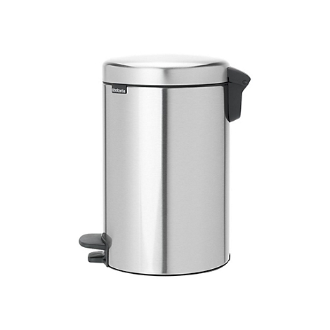Runder Treteimer aus mattem Edelstahl mit schwarzem Pedal und Brabantia-Logo, freistehend vor weißem Hintergrund.