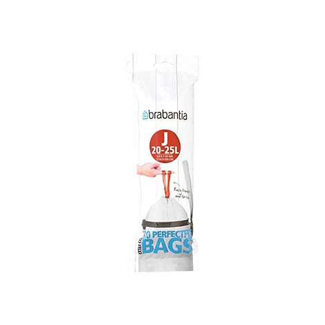 Packung weißer Brabantia Müllbeutel Größe J für 20-25 Liter Eimer vor weißem Hintergrund.