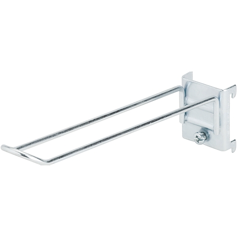 Metal hook attached to a wall mount. For product presentation in stores.