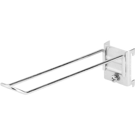 Chrome hook for product presentation. Metal hook and fastening element, fixed with a screw on the right.