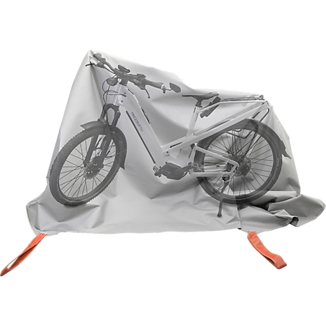 Fahrrad ist mit einer hellgrauen Schutzhülle bedeckt, orangefarbene Bänder an der Unterseite.