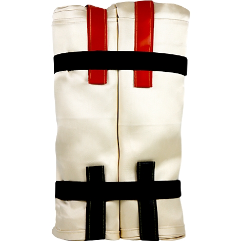 Beige Beinschiene mit roten und schwarzen Gurten. Zwei vertikal geteilte, gepolsterte Bereiche.