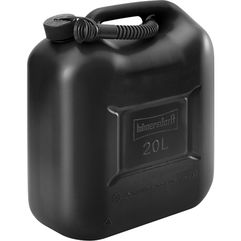 Zwarte jerrycan met handvat en vulhals. Opschrift 'hönersdorff' en '20L'.