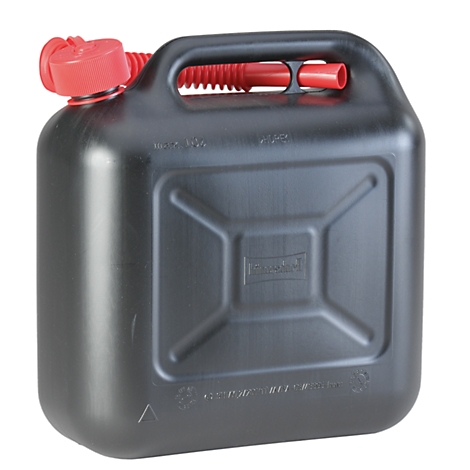 Zwarte jerrycan met rode dop en tuit. Een handvat aan de bovenkant.