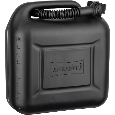 Zwarte 10-liter kunststof brandstofkan met bevestigde schenktuit en in reliëf aangebracht Hünersdorff-logo.