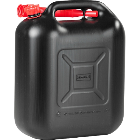 Zwarte jerrycan met rode tuit en handvat. Er zijn reliëfs te zien op het oppervlak.