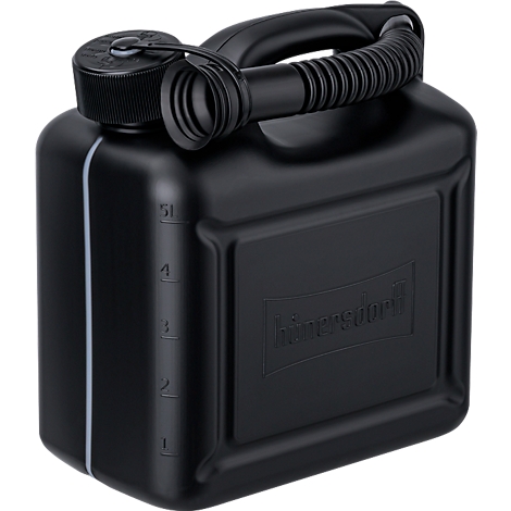 Zwarte brandstofkan met rode tuit en handvat. Opschrift 'max. 5l' en 'Hümersdorff'.