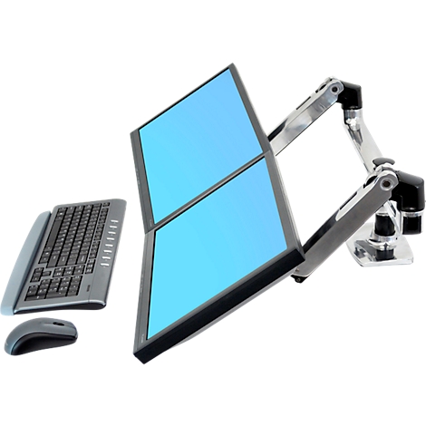 Double écran avec écran bleu, clavier et souris.